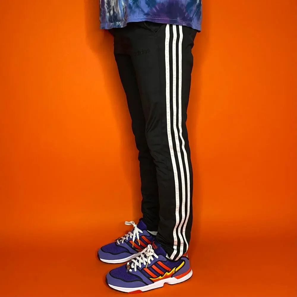 Vintage Y2K Adidas Sweatpants Mens S Jet Black Polyester Joggers White 3 Stripes
